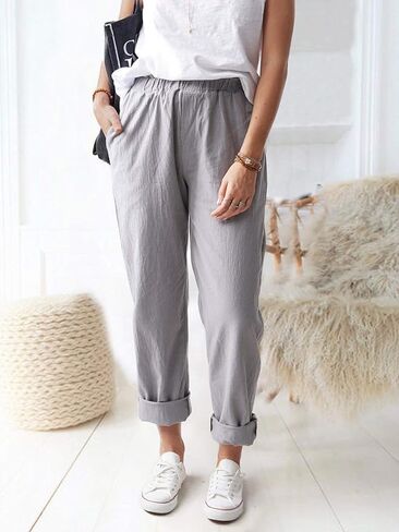 Women's Summer Straight Pants Loose Elastic Waist Casual Trousers Pants with Pockets in Saudi Arabia