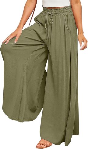 بنطلون Palazzo نسائي واسع الساق من Ulovmi بخصر عالٍ وواسع مع جيوب أخضر جيشي L in Kuwait
