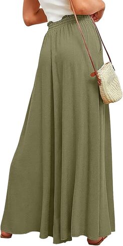 بنطلون Palazzo نسائي واسع الساق من Ulovmi بخصر عالٍ وواسع مع جيوب أخضر جيشي L in Kuwait