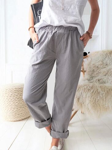 Women's Summer Straight Pants Loose Elastic Waist Casual Trousers Pants with Pockets in Saudi Arabia