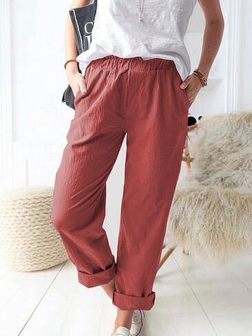 Women's Summer Straight Pants Loose Elastic Waist Casual Trousers Pants with Pockets in Saudi Arabia