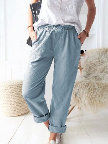 Women's Summer Straight Pants Loose Elastic Waist Casual Trousers Pants with Pockets in Saudi Arabia