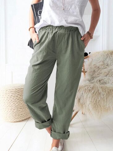 Women's Summer Straight Pants Loose Elastic Waist Casual Trousers Pants with Pockets in Saudi Arabia