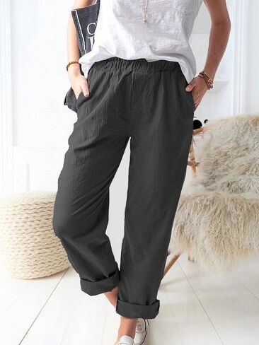 Women's Summer Straight Pants Loose Elastic Waist Casual Trousers Pants with Pockets in Saudi Arabia