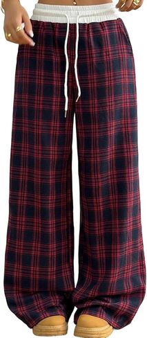 hathne Plaid Pants for Women Elastic Drawstring High Waisted Wide Leg Pants Casual Checkered Baggy Trousers with Pockets in Kuwait