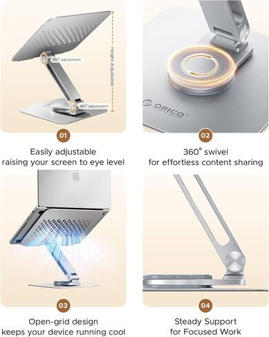 ORICO Adjustable Laptop Stand with 360° Rotating Base– Foldable Aluminum Alloy Laptop Holder for Desk, Compatible with MacBook Air/Pro, Dell, HP, XPS Laptops (13–17.3") - ST10, Silver in Saudi Arabia