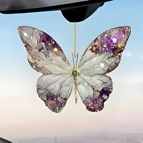 Acrylic Amethyst Texture Butterfly Ornament - Shimmering Transparent Wing Hanging Decor with Golden Rope for Car Mirror & Home Window (1 Piece)/GJ-52 in Saudi Arabia