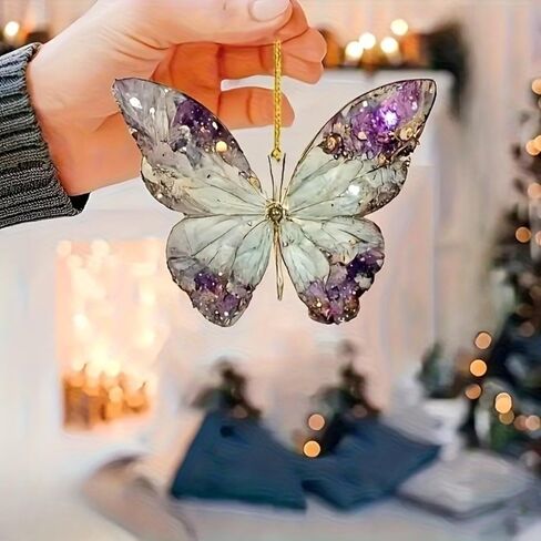 Acrylic Amethyst Texture Butterfly Ornament - Shimmering Transparent Wing Hanging Decor with Golden Rope for Car Mirror & Home Window (1 Piece)/GJ-52 in Saudi Arabia