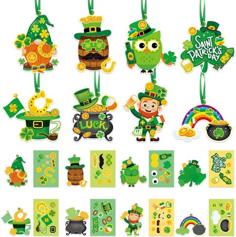 24 قطعة من زينة عيد القديس باتريك - زخارف شامروك وبطاقات جنوم مع ملصقات - علامات تعليق يمكنك صنعها بنفسك - ورق، أخضر، كاجوال - مناسبة عيد القديس باتريك in Kuwait