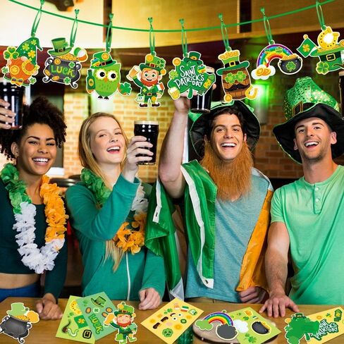 24 قطعة من زينة عيد القديس باتريك - زخارف شامروك وبطاقات جنوم مع ملصقات - علامات تعليق يمكنك صنعها بنفسك - ورق، أخضر، كاجوال - مناسبة عيد القديس باتريك in Kuwait