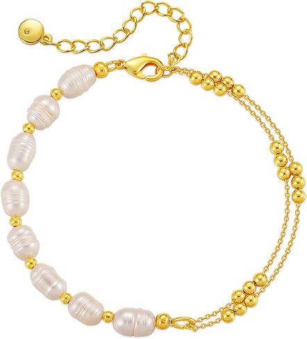 KELMALL 18K Gold Plated Bracelet for Women – Paperclip Chain Toggle Clasp or Freshwater Pearl Double Layer Beaded Bracelet – 6.69 Inch Elegant Jewelry Gift in Kuwait