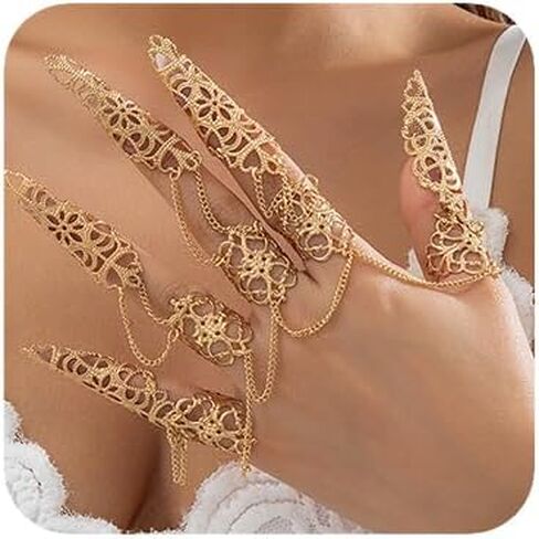 Women Silver Gold Gothic Halloween Punk Finger Rings Chain Bracelets with Ring Finger Wrist Chains Body Accessory Bracelets for Women in Saudi Arabia