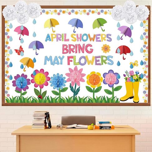 Pajean Spring Bulletin Board Decorations April Showers Bring May Flowers Classroom Decoration 3D Flower Umbrella Cutouts with Raindrop Garland for March School Home Chalkboard Wall Door Party Decor in Saudi Arabia