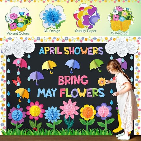 Pajean Spring Bulletin Board Decorations April Showers Bring May Flowers Classroom Decoration 3D Flower Umbrella Cutouts with Raindrop Garland for March School Home Chalkboard Wall Door Party Decor in Saudi Arabia