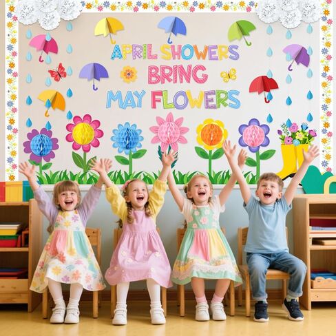 Pajean Spring Bulletin Board Decorations April Showers Bring May Flowers Classroom Decoration 3D Flower Umbrella Cutouts with Raindrop Garland for March School Home Chalkboard Wall Door Party Decor in Saudi Arabia