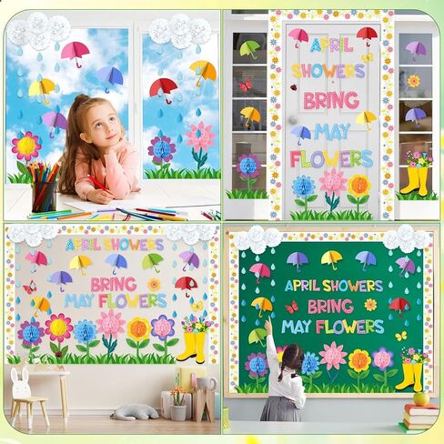 Pajean Spring Bulletin Board Decorations April Showers Bring May Flowers Classroom Decoration 3D Flower Umbrella Cutouts with Raindrop Garland for March School Home Chalkboard Wall Door Party Decor in Saudi Arabia