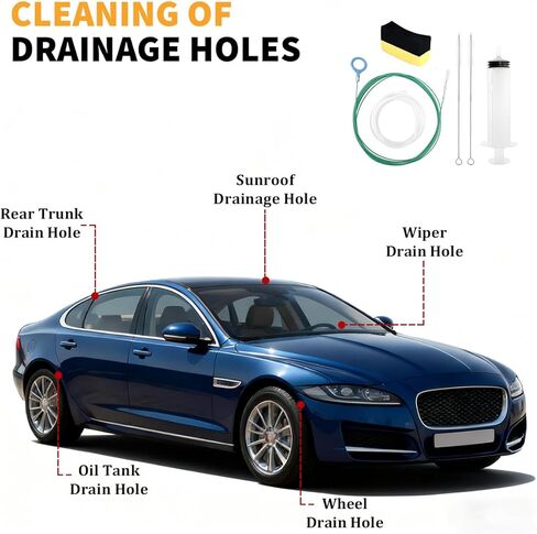 Car Sunroof Drain Cleaning Tool, 118 Inch Flexible Long Drain Brush Pipe Cleaners with Straight Brush Syringe & Sponge, Auto Windshield Wiper Tube Hole Cleaning Tool, Universal Fit in Saudi Arabia