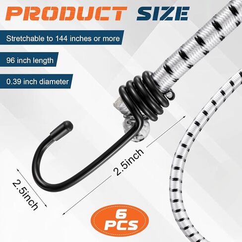 6 قطع من أسلاك بنجي طويلة للغاية بطول 96 بوصة مع خطافات بسمك 0.39 بوصة وأشرطة بنجي شديدة التحمل للأماكن الخارجية والتخييم وRVS والدراجات والبضائع وقابلة للتمدد حتى أكثر من 144 بوصة in Kuwait