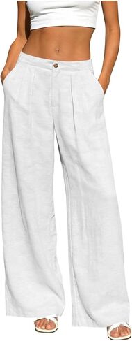 Linen Pants Women Casual Trendy Button Down Wide Leg Pant Baggy Flowy Palazzo Lounge Trousers with Side Pockets in Kuwait