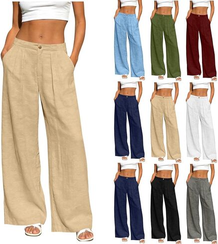 Linen Pants Women Casual Trendy Button Down Wide Leg Pant Baggy Flowy Palazzo Lounge Trousers with Side Pockets in Saudi Arabia
