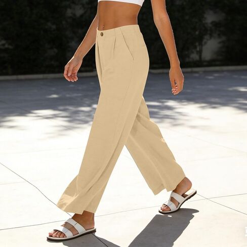 Linen Pants Women Casual Trendy Button Down Wide Leg Pant Baggy Flowy Palazzo Lounge Trousers with Side Pockets in Saudi Arabia
