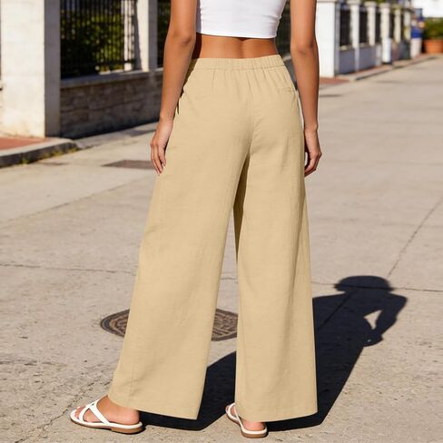 Linen Pants Women Casual Trendy Button Down Wide Leg Pant Baggy Flowy Palazzo Lounge Trousers with Side Pockets in Saudi Arabia