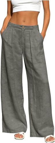 Linen Pants Women Casual Trendy Button Down Wide Leg Pant Baggy Flowy Palazzo Lounge Trousers with Side Pockets in Saudi Arabia