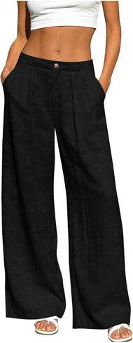 Linen Pants Women Casual Trendy Button Down Wide Leg Pant Baggy Flowy Palazzo Lounge Trousers with Side Pockets in Saudi Arabia