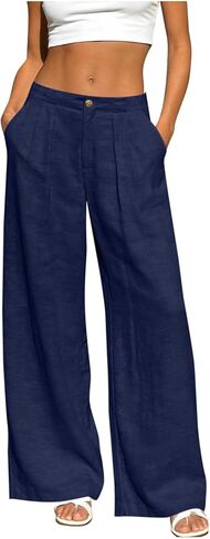 Linen Pants Women Casual Trendy Button Down Wide Leg Pant Baggy Flowy Palazzo Lounge Trousers with Side Pockets in Saudi Arabia