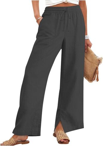 Pants for Women Loose Drawstring Elastic Waist Linen Trousers Straight Leg Beach Clothes Pockets with Side Slits in Kuwait