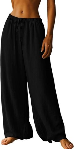 Women's Wide Leg Pants Loose Linen Drawstring Waist Palazzo Pant Casual Lightweight Lounge Trousers with Pockets in Kuwait