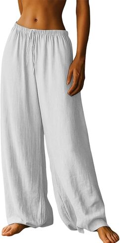 Women's Wide Leg Pants Loose Linen Drawstring Waist Palazzo Pant Casual Lightweight Lounge Trousers with Pockets in Saudi Arabia