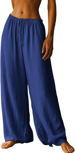 Women's Wide Leg Pants Loose Linen Drawstring Waist Palazzo Pant Casual Lightweight Lounge Trousers with Pockets in Saudi Arabia