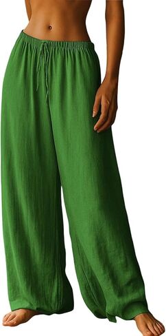 Women's Wide Leg Pants Loose Linen Drawstring Waist Palazzo Pant Casual Lightweight Lounge Trousers with Pockets in Saudi Arabia
