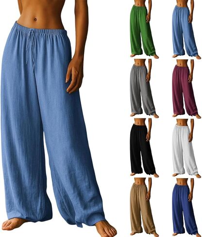 Women's Wide Leg Pants Loose Linen Drawstring Waist Palazzo Pant Casual Lightweight Lounge Trousers with Pockets in Saudi Arabia