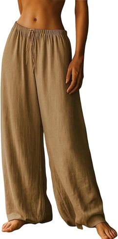 Women's Wide Leg Pants Loose Linen Drawstring Waist Palazzo Pant Casual Lightweight Lounge Trousers with Pockets in Saudi Arabia