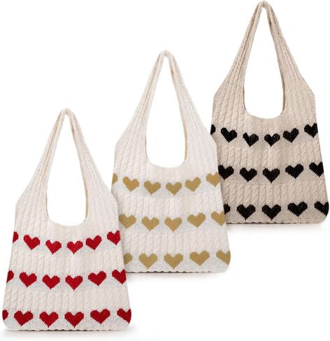 3 Pcs Crochet Tote Bag for Women Summer Aesthetic Knitted Shoulder Beach Bag Large Y2k Tote Heart Purse Handbag in Saudi Arabia