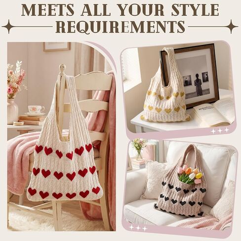 3 Pcs Crochet Tote Bag for Women Summer Aesthetic Knitted Shoulder Beach Bag Large Y2k Tote Heart Purse Handbag in Saudi Arabia