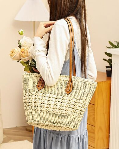 حقيبة كتف نسائية كبيرة منسوجة من القش، حقيبة شاطئ مصنوعة يدويًا ومحفظة صيفية مع سحاب للإغلاق in Kuwait