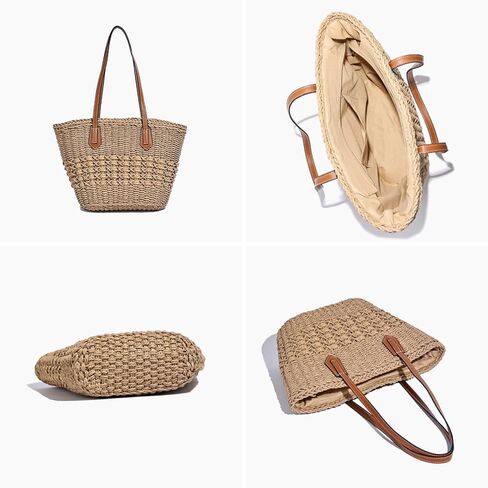 حقيبة كتف نسائية كبيرة منسوجة من القش، حقيبة شاطئ مصنوعة يدويًا ومحفظة صيفية مع سحاب للإغلاق in Kuwait