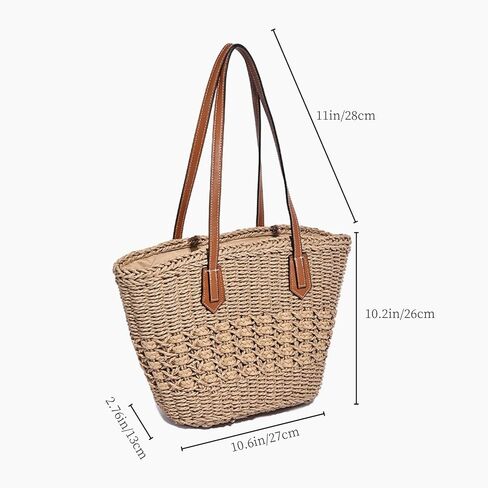 حقيبة كتف نسائية كبيرة منسوجة من القش، حقيبة شاطئ مصنوعة يدويًا ومحفظة صيفية مع سحاب للإغلاق in Kuwait