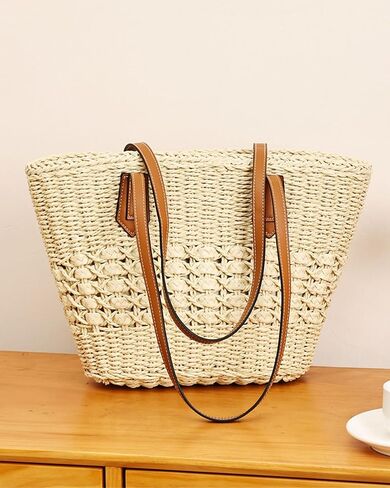 حقيبة كتف نسائية كبيرة منسوجة من القش، حقيبة شاطئ مصنوعة يدويًا ومحفظة صيفية مع سحاب للإغلاق in Kuwait