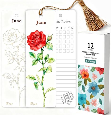Watercolor Painting Bookmarks Kit, 12 Monthly Floral Paintable Bookmarks with Colorful Tassels, Reading Tracker for Book & Art Lovers, Coloring Book, Valentines Gift Idea for Teens & Adults Only in Kuwait