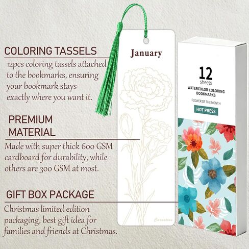 Watercolor Painting Bookmarks Kit, 12 Monthly Floral Paintable Bookmarks with Colorful Tassels, Reading Tracker for Book & Art Lovers, Coloring Book, Valentines Gift Idea for Teens & Adults Only in Kuwait