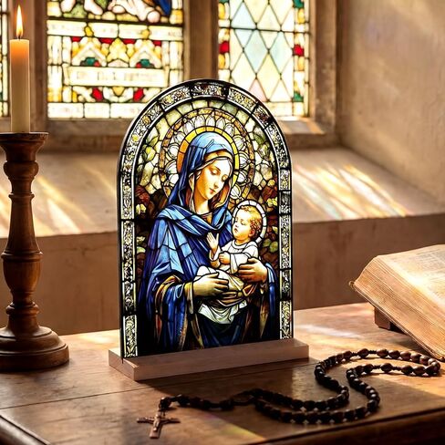 Yookeer 2 Pcs Virgin Mary and Child Icon Tabletop Decor Virgin Mary Catholic Ornament with Wooden Catholic Rosaries for Christian Gifts in Saudi Arabia