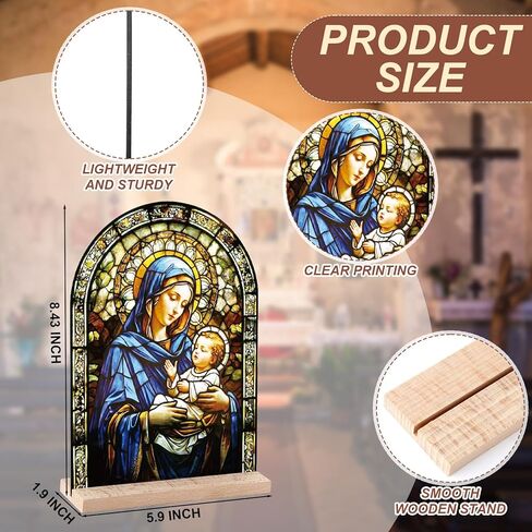 Yookeer 2 Pcs Virgin Mary and Child Icon Tabletop Decor Virgin Mary Catholic Ornament with Wooden Catholic Rosaries for Christian Gifts in Saudi Arabia