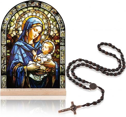 Yookeer 2 Pcs Virgin Mary and Child Icon Tabletop Decor Virgin Mary Catholic Ornament with Wooden Catholic Rosaries for Christian Gifts in Saudi Arabia