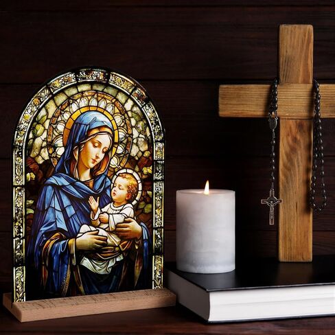 Yookeer 2 Pcs Virgin Mary and Child Icon Tabletop Decor Virgin Mary Catholic Ornament with Wooden Catholic Rosaries for Christian Gifts in Saudi Arabia