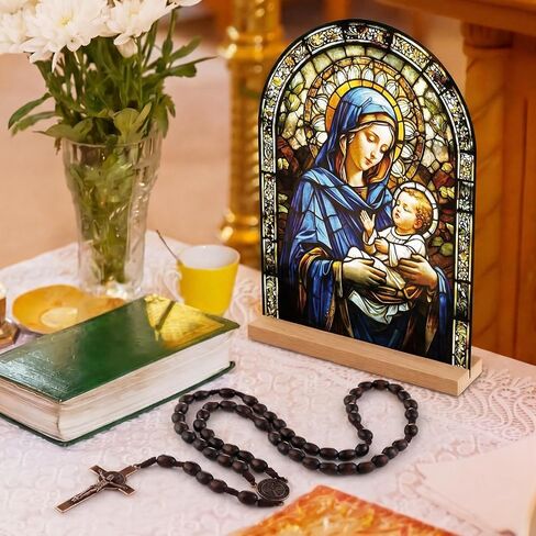 Yookeer 2 Pcs Virgin Mary and Child Icon Tabletop Decor Virgin Mary Catholic Ornament with Wooden Catholic Rosaries for Christian Gifts in Saudi Arabia