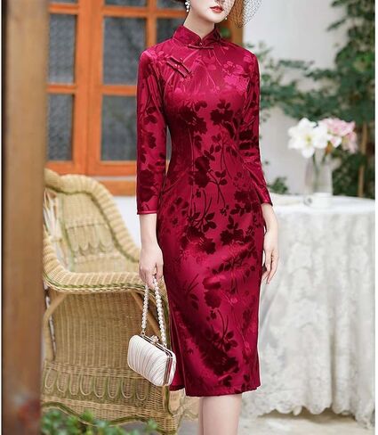 Women's Velour Midi Cheongsam 3/4-length Sleeve Mandarin Collar High Split Slim Fit Tradtional Chinese Qipao Costume in Saudi Arabia